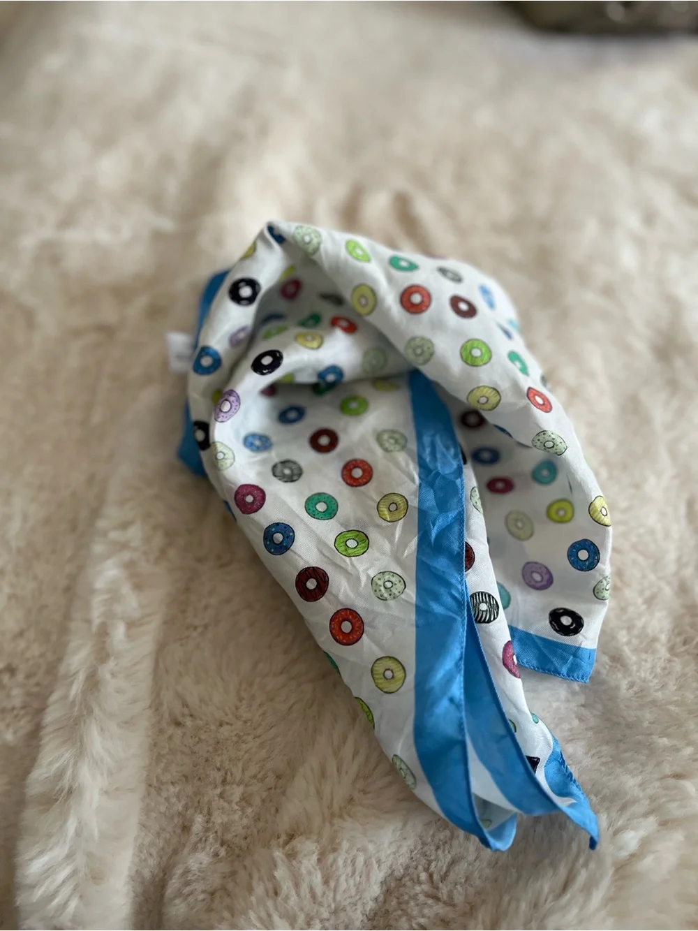 Italian  Silk Scarf with Colorful Donut Print - Blue Trim